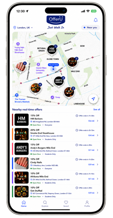 OfferU consumer app showing a live map of East London with nearby merchants and a list of real-time offers